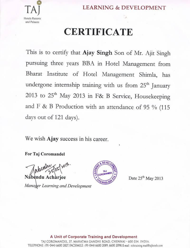 Industrial Training Certificate — Ajay Singh, Taj Coromandel, Chennai