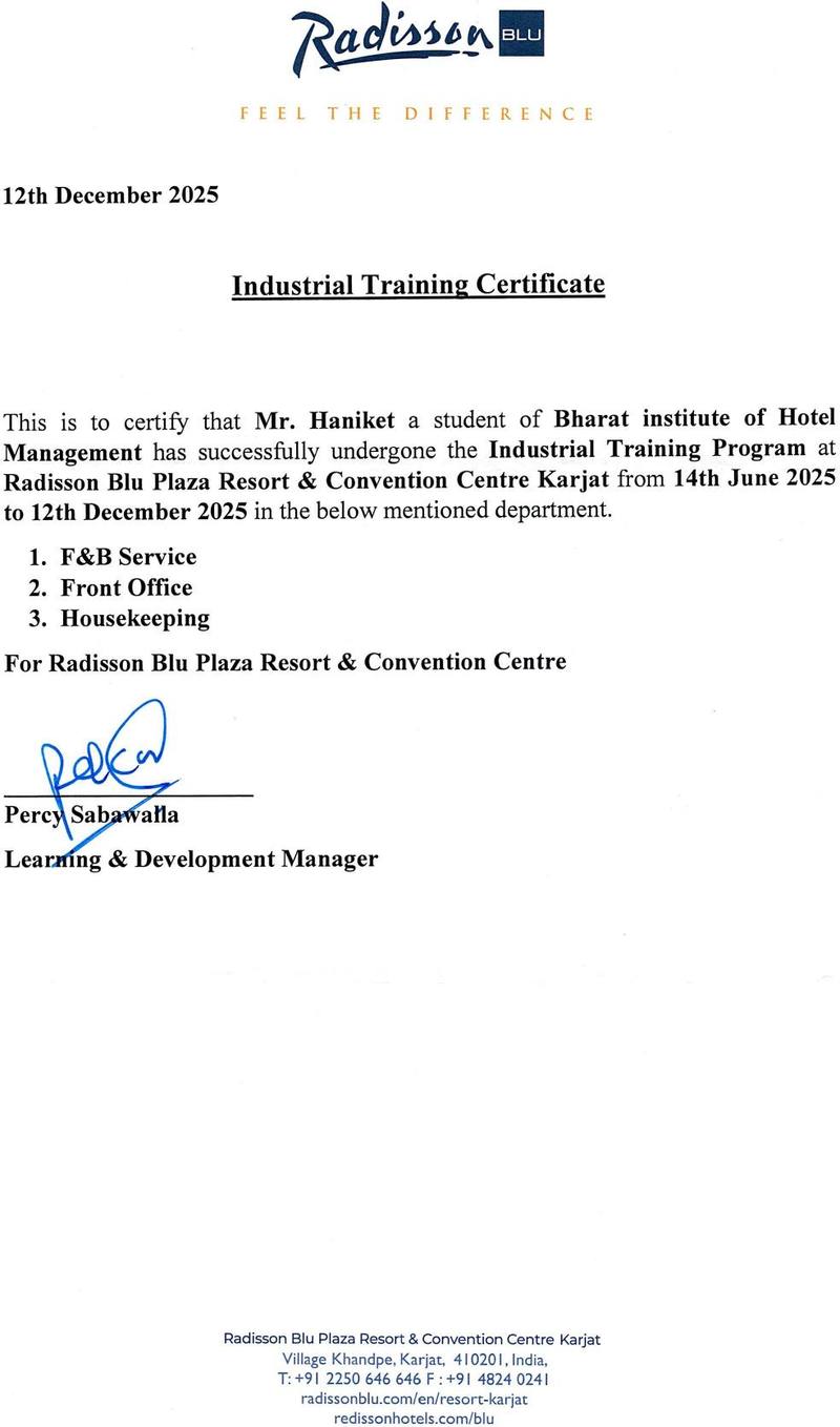 Industrial Training Certificate — Haniket, Radisson Blu Plaza Karjat