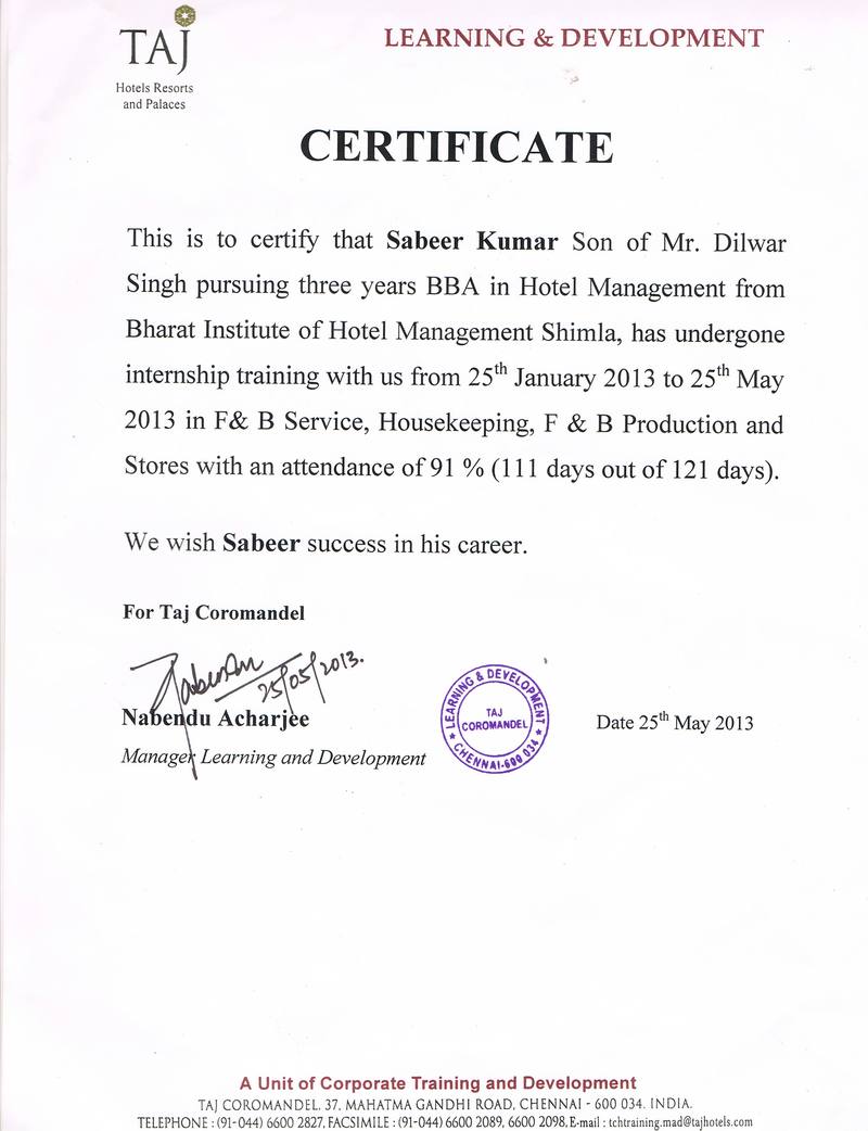 Industrial Training Certificate — Sabeer Kumar, Taj Coromandel, Chennai