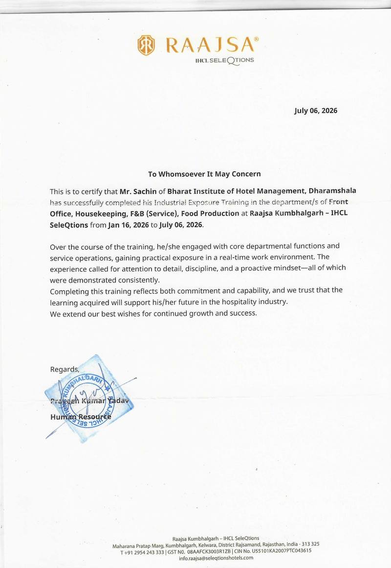 Industrial Training Certificate — Sachin, Raajsa Kumbhalgarh – IHCL SeleQtions