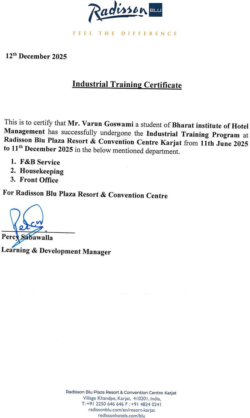 Industrial Training Certificate — Varun Goswami, Radisson Blu Plaza Karjat